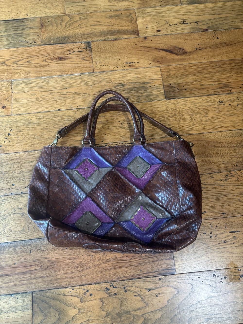 Jessica Simpson Boho Brown Faux Leather Tote Bag with Purple Accent Diamonds